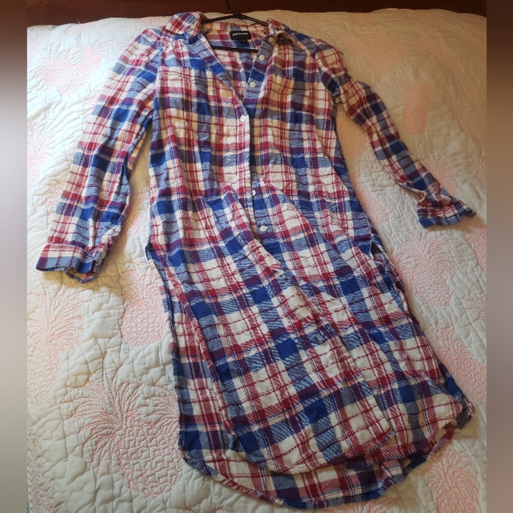 Long Plaid Flannel Button Up Split Side Shirt Tunic